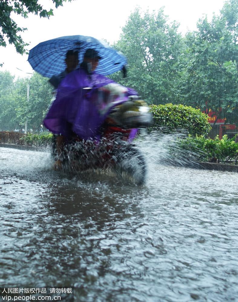 8月2日,山东省枣庄市山亭区市民在府前路上冒雨骑行.