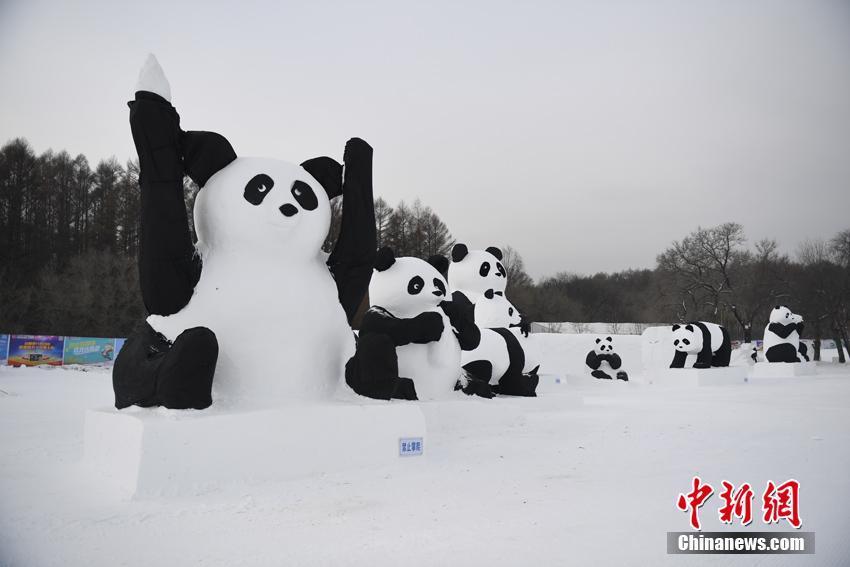 憨态可掬的熊猫雪雕亮相净月雪世界.张瑶 摄