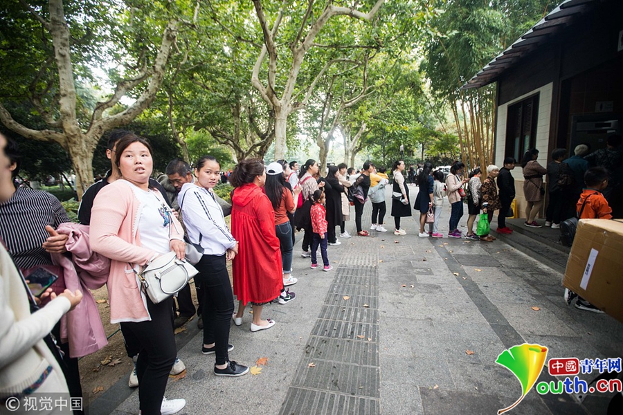 西湖景区里,女厕所前排起了长队.