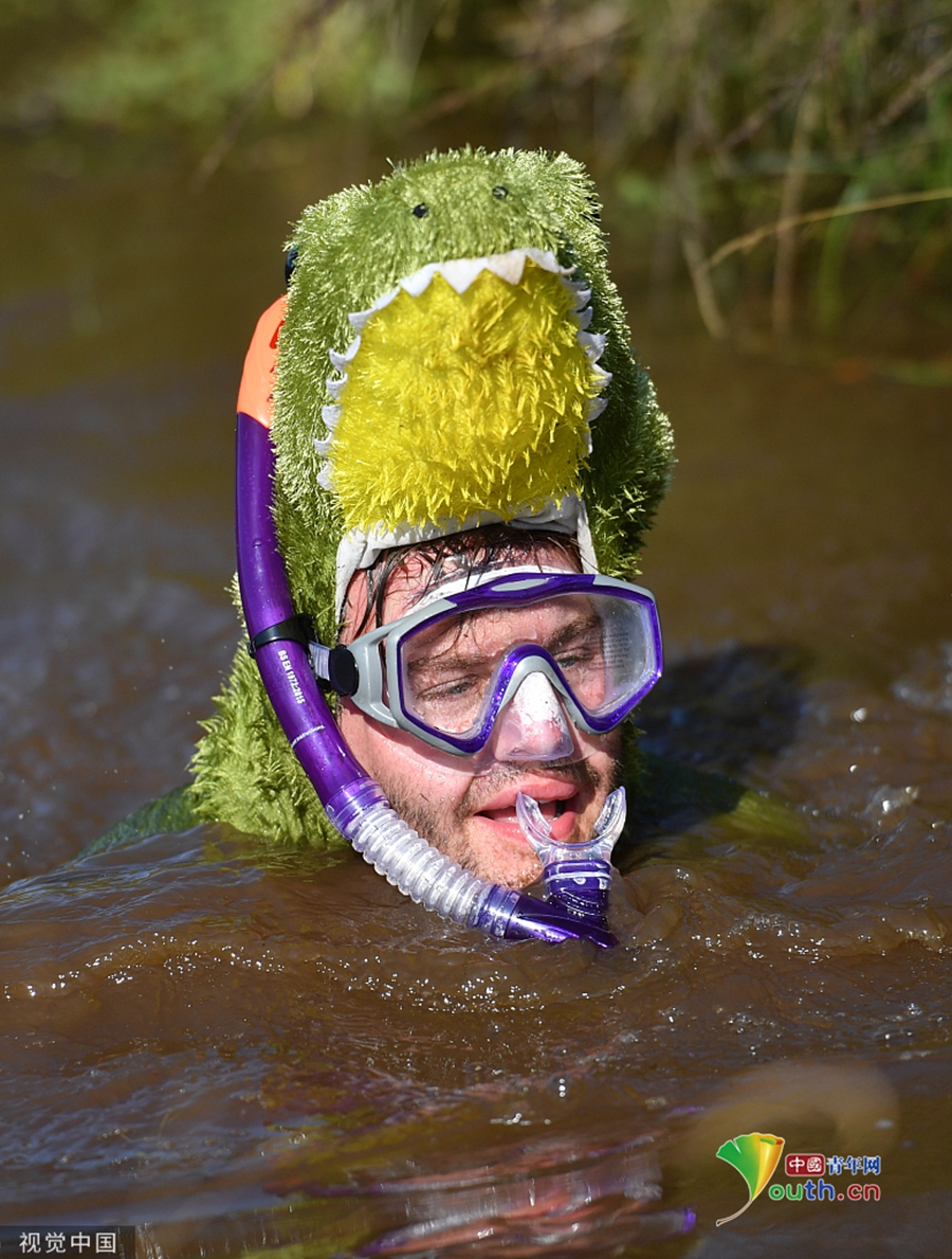 英国举办沼泽浮潜锦标赛 选手穿搞怪服饰下水"扎猛子"