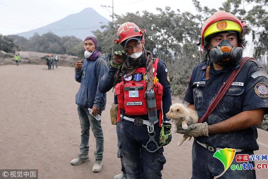 危地马拉富埃戈火山喷发 警察被火山灰冲倒