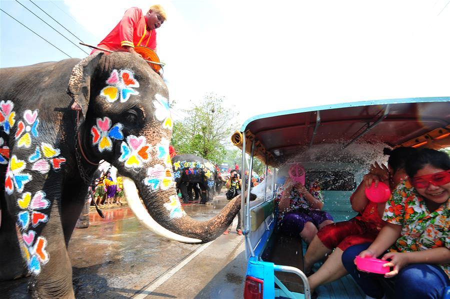 这是大象在泰国大城府的泼水节上向游客喷水(2019年4月11日摄).
